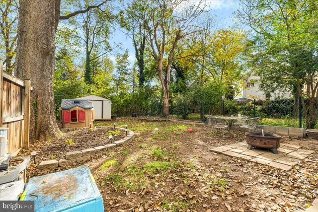 a backyard of a house with table and chairs