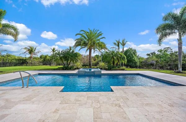 a view of swimming pool with outdoor seating and plants
