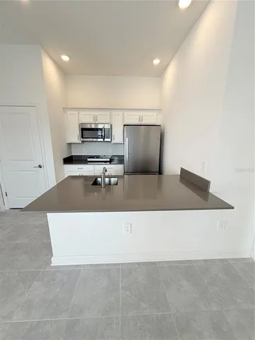 a living room with a couch and a potted plant