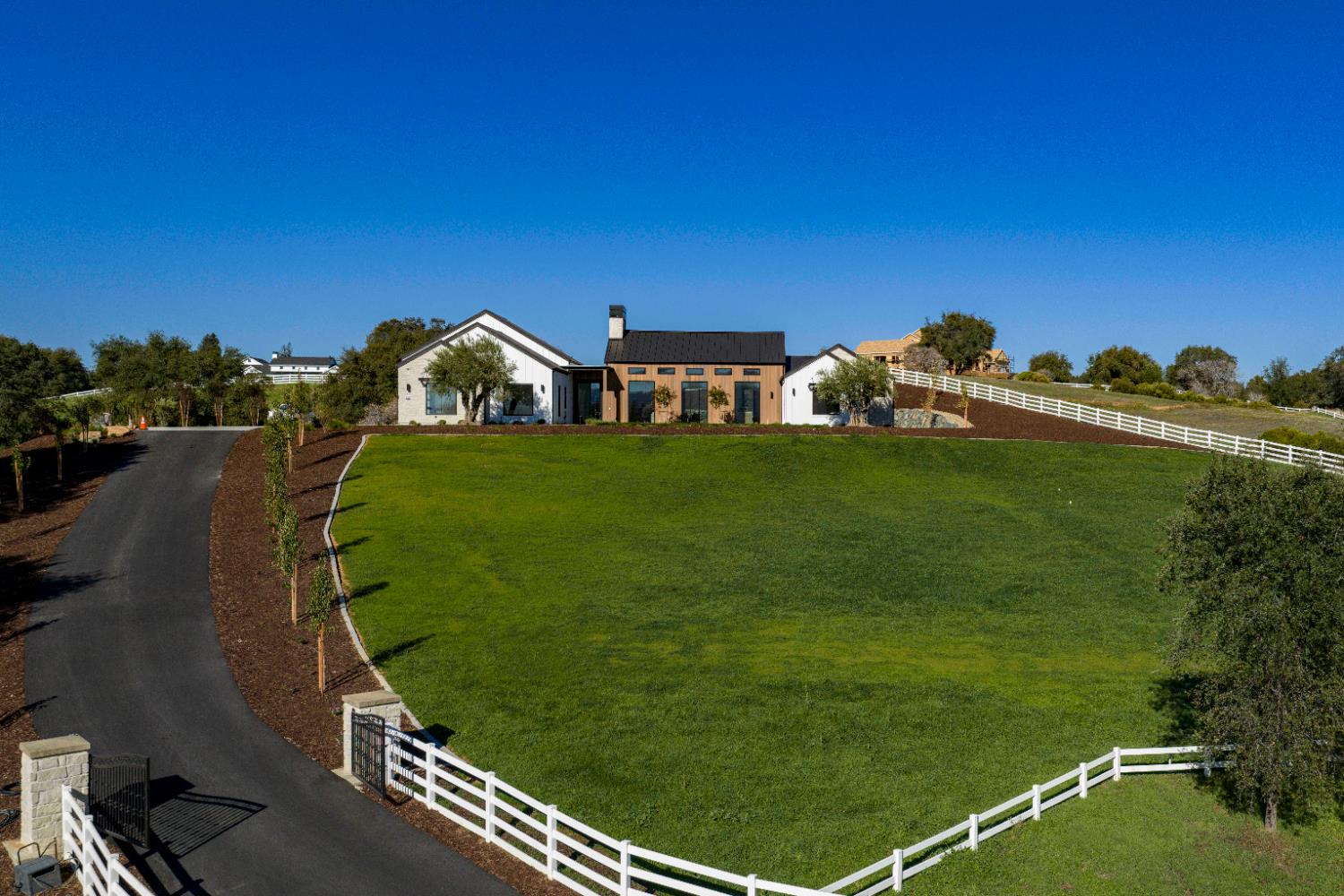 a view of a big yard with potted plants and wooden fence