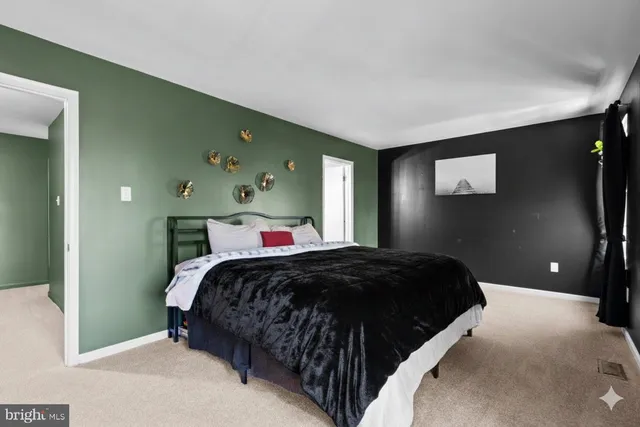 a bedroom with a bed and walk in closet