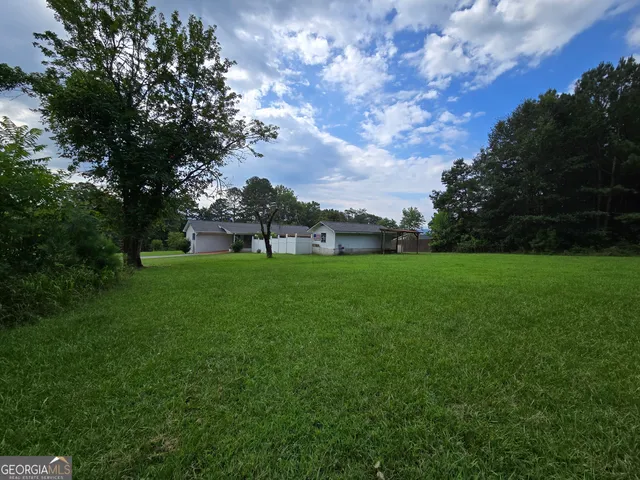 a view of garden with trees in the background