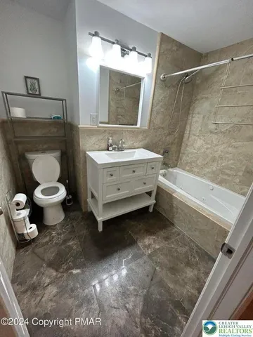 a bathroom with a sink toilet a mirror and bathtub
