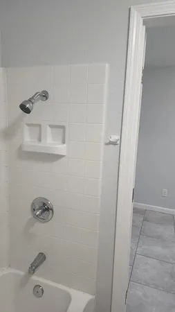 a bathroom with a bathtub