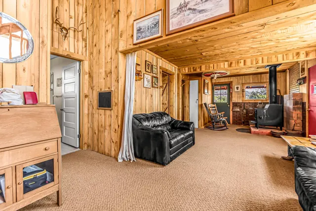 a view of a couch in front of building