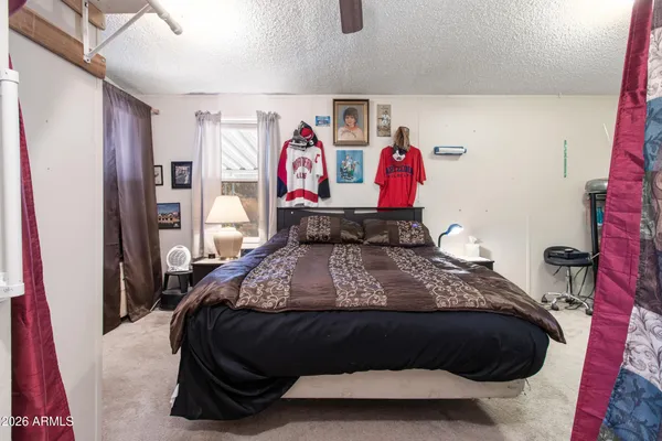 a bedroom with a bed and a closet