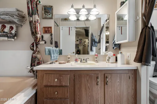 a bathroom with a sink vanity and a mirror