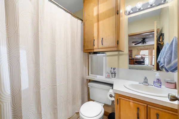 a bathroom with a sink a toilet and shower curtain