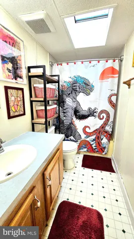 a bathroom with a sink a toilet and shower curtain