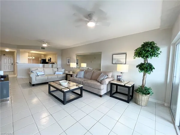 a living room with furniture and a potted plant