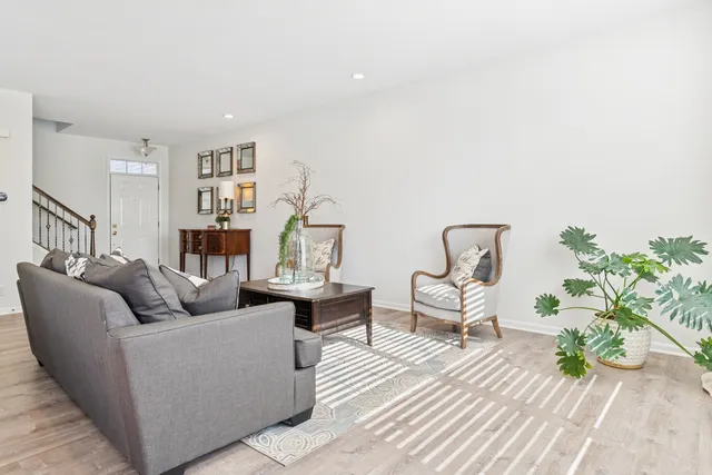 a living room with furniture and a potted plant