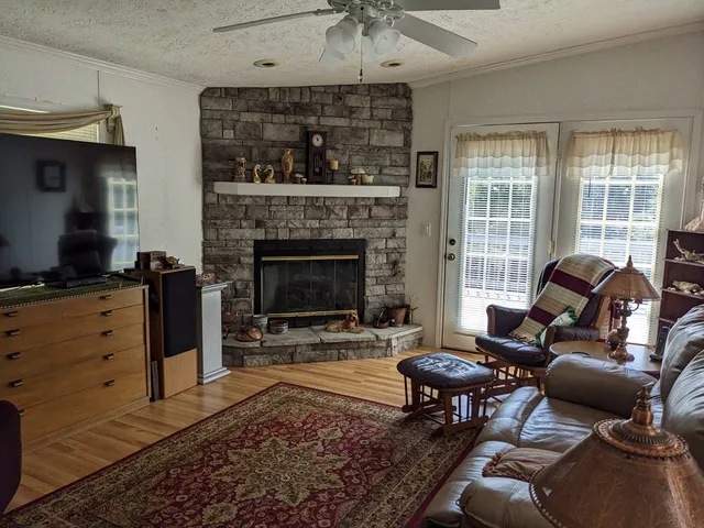 a living room with furniture a fireplace and a chandelier