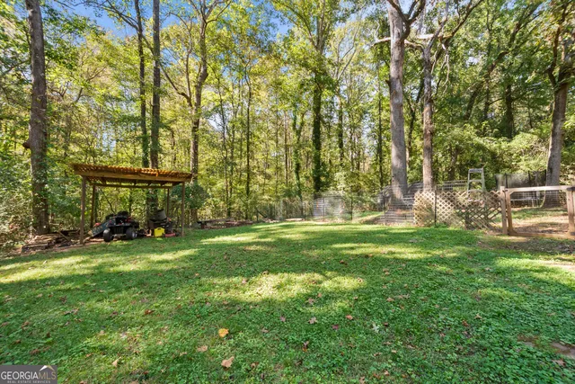 a view of a park with large trees