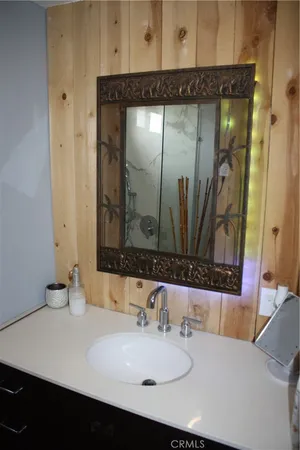 a bathroom with a sink and a mirror