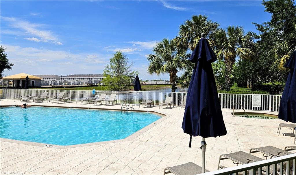 2168 Dragonfruit Way Naples, FL 34120 - Photo 25 of 27 a view of a swimming pool with a lounge chair and palm trees
