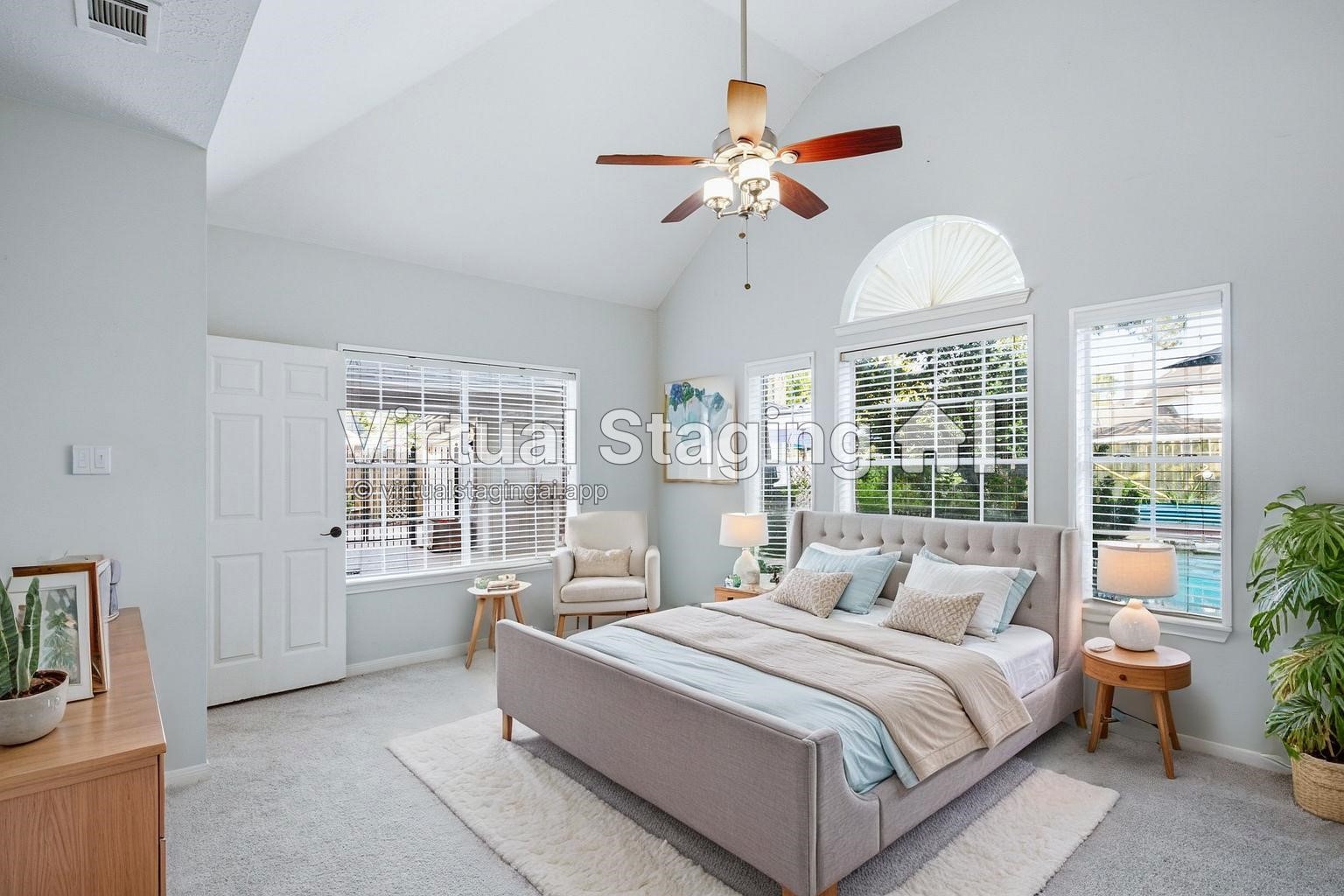 323 Magic Oaks Court Spring, TX 77388 - Photo 22 of 49 Virtually staged primary bedroom showing the versatility in layout options. Who needs daytime lighting when you have all of these windows bringing in natural light.