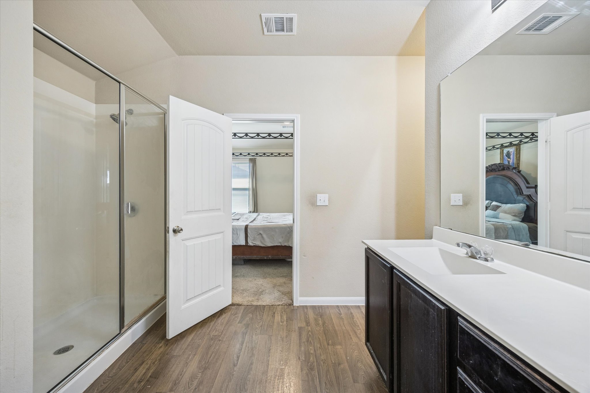 15211 Wideleaf Cove Austin, TX 78724 - Photo 11 of 15 a en suite bathroom with a sink a mirror and a shower