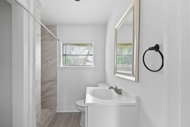 a bathroom with a sink toilet and a mirror