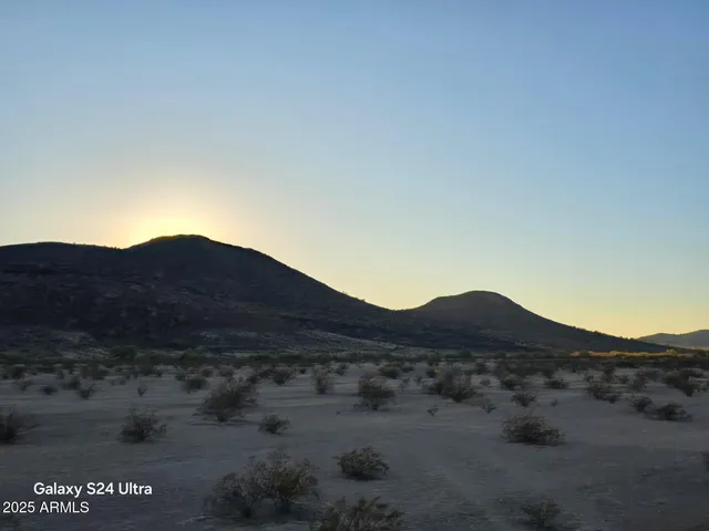 a view of a dry yard with mountains in the background
