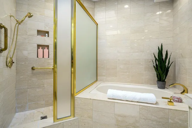 a bathroom with a bathtub and a shower