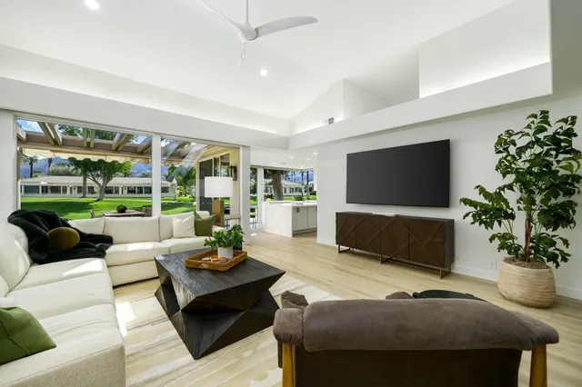 a living room with furniture potted plant and a large window