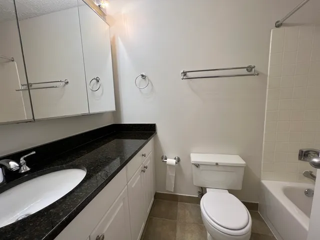 a bathroom with a granite countertop sink and a toilet
