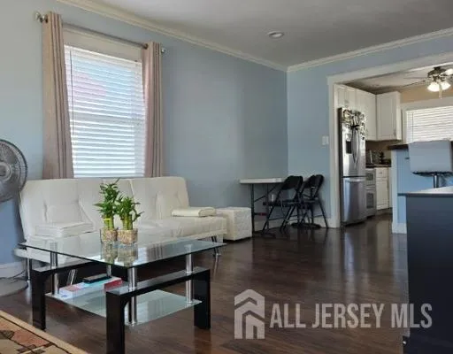 a view of a dining room with furniture