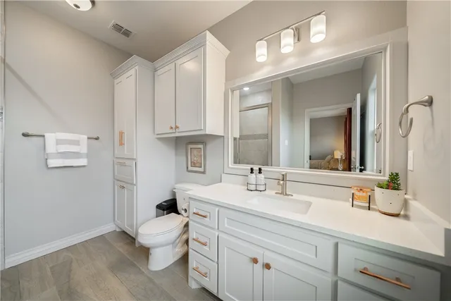 a bathroom with a sink a toilet and mirror