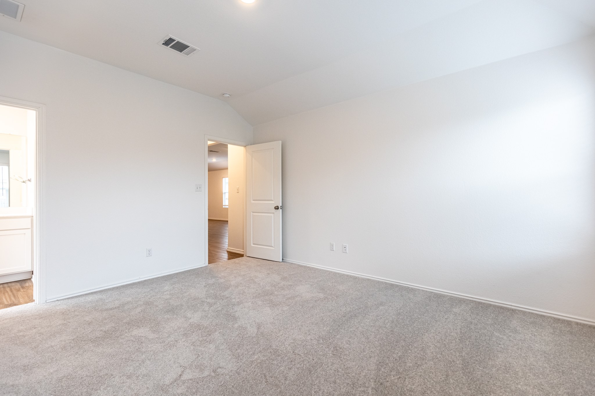 175 Silver Springs Bend Kyle, TX 78640 - Photo 24 of 33 Unfurnished bedroom featuring vaulted ceiling, carpet flooring, and connected bathroom