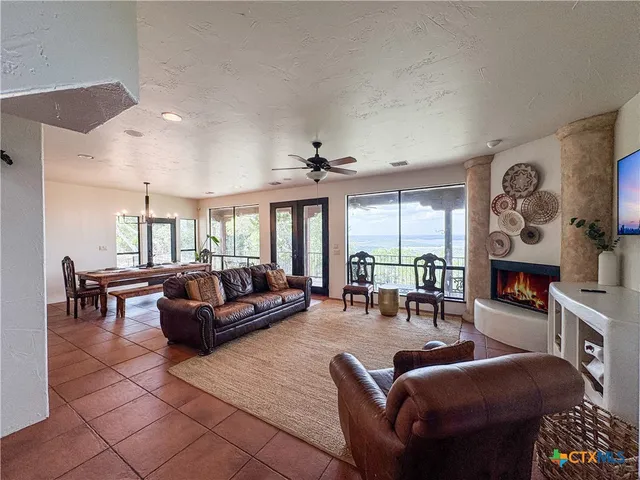 a view of a park with large trees