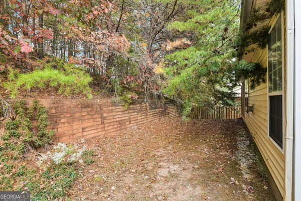 a view of a yard with plants and large trees