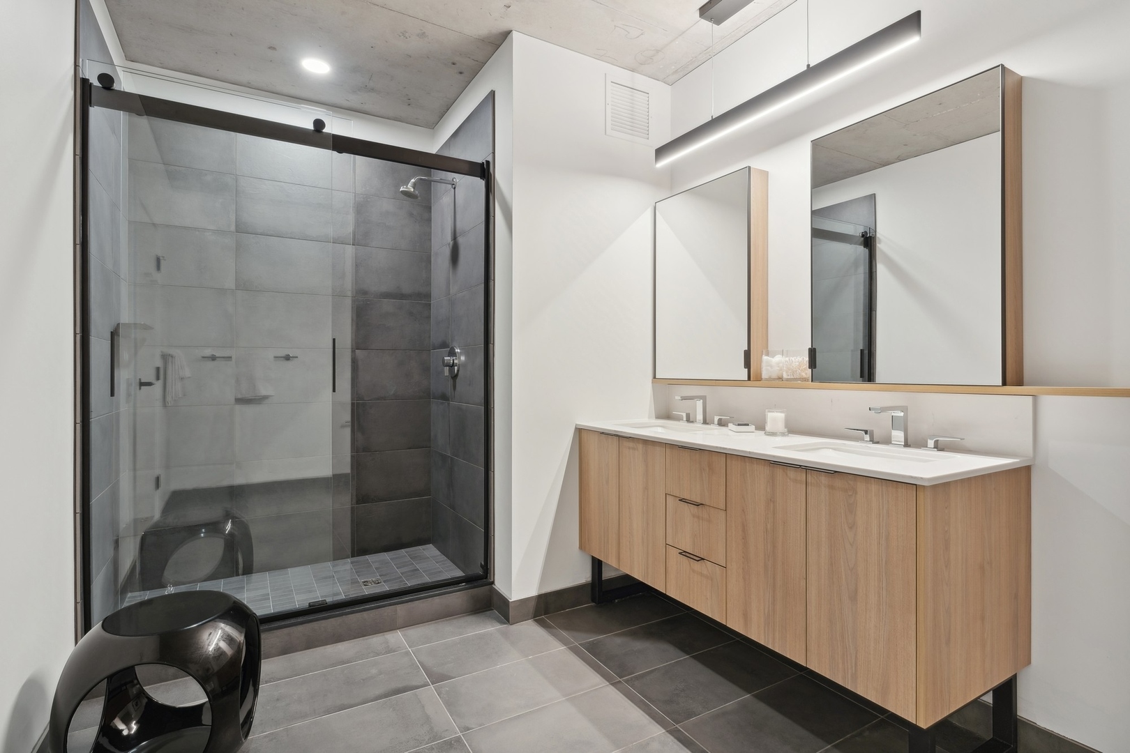 234 West Polk Street, Unit 3503 Chicago, IL 60607 - Photo 15 of 36 a bathroom with a double vanity sink mirror and shower