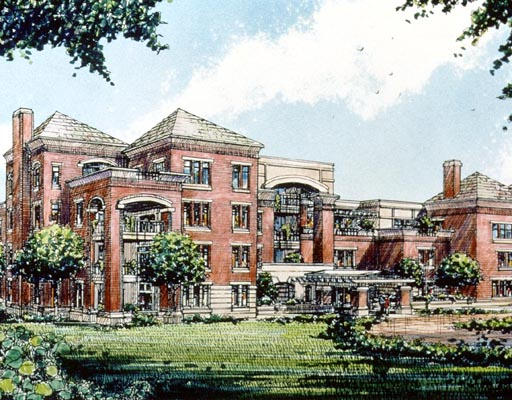 a front view of a residential apartment building with a yard