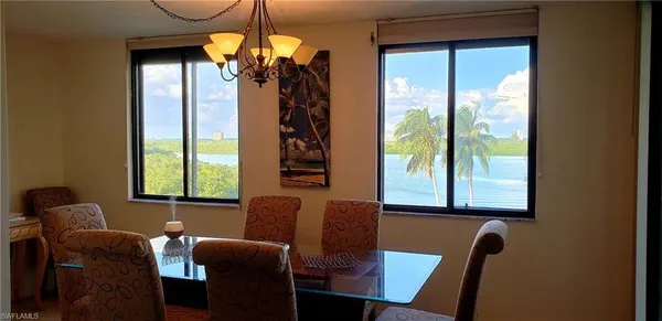 a view of a dining room with furniture window and outside view
