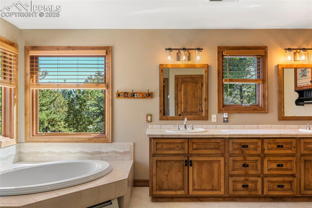40 Upland Road Colorado Springs, CO 80906 - Photo 25 of 46 a bathroom with a granite countertop sink and a large mirror