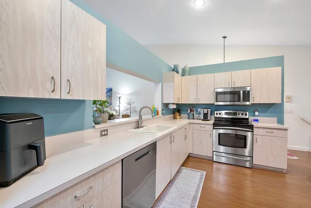 a kitchen with a sink cabinets and stainless steel appliances