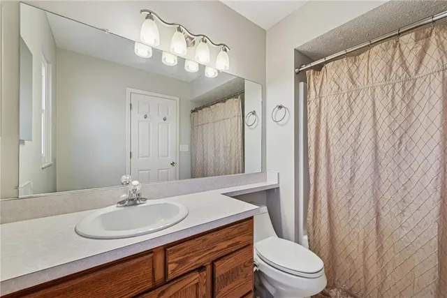 a bathroom with a sink toilet a mirror and shower curtain