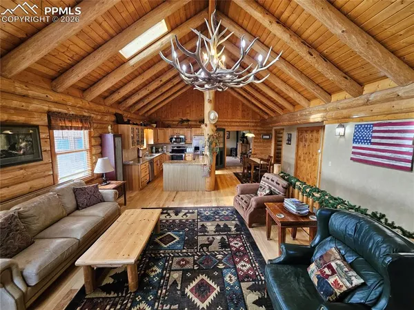 a living room with furniture a chandelier and a fireplace