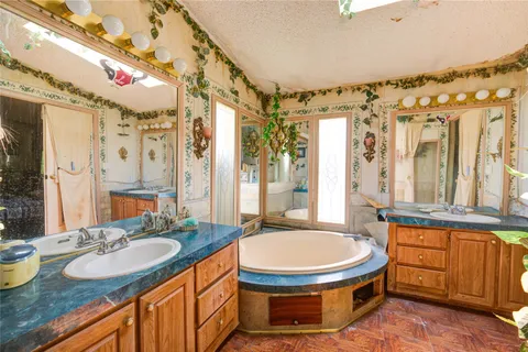 a bathroom with a sink double vanity and a mirror