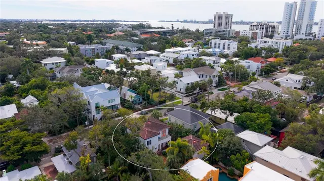 an aerial view of residential houses with city view