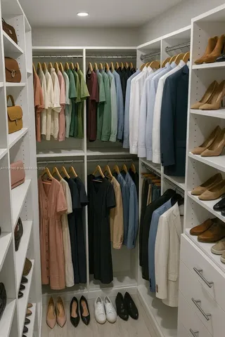 a view of walk in closet with clothes and shoes