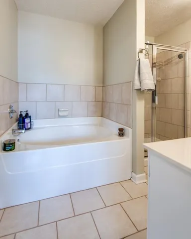 a bathroom with a bathtub and shower