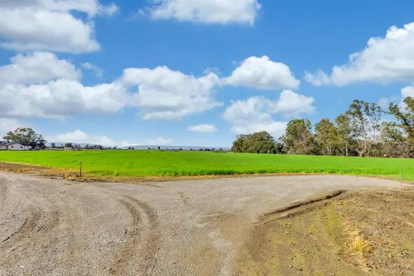 a view of a road with houses in back