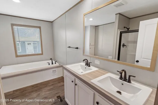 a bathroom with a tub sink double vanity granite and a mirror