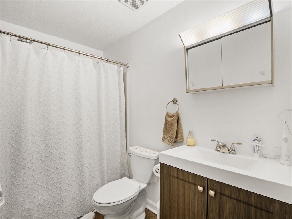 34 Newhall Street, Unit 412 Lowell, MA 01852 - Photo 16 of 30 a bathroom with a sink a toilet and shower curtain