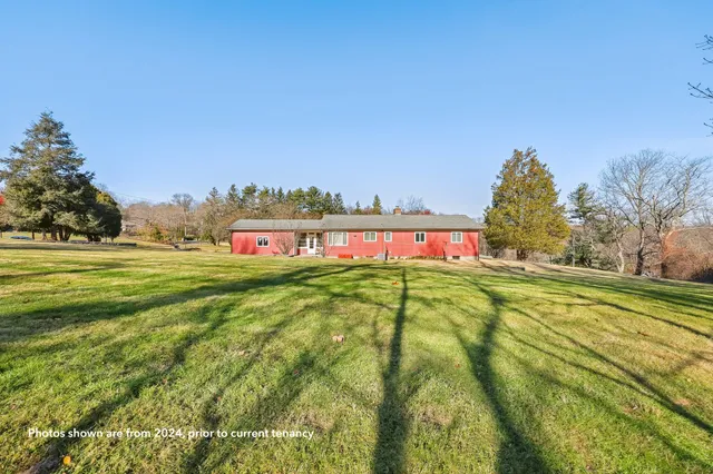 a green field with lots of trees in the background