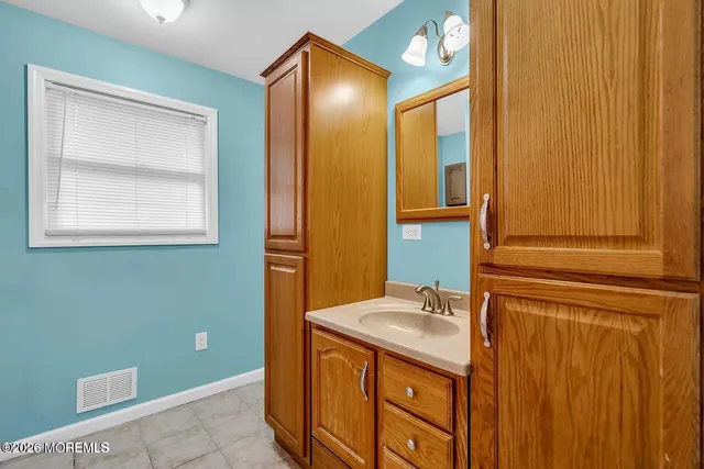 a bathroom with a sink a mirror and a shower