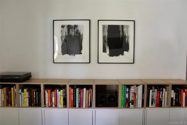 a living room with furniture and a book shelf