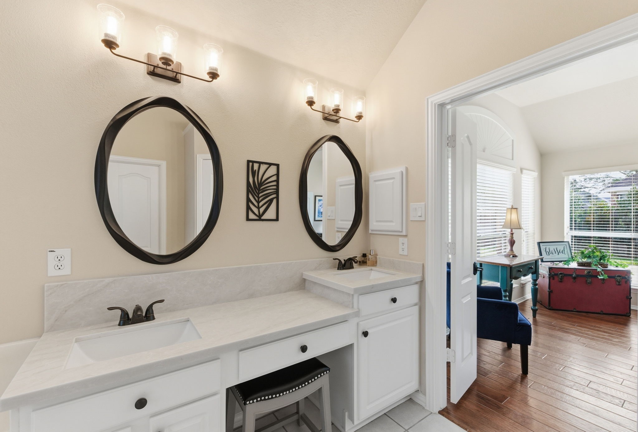 29814 Legends Pass Lane Spring, TX 77386 - Photo 34 of 46 a bathroom with a granite countertop double vanity sink and a mirror