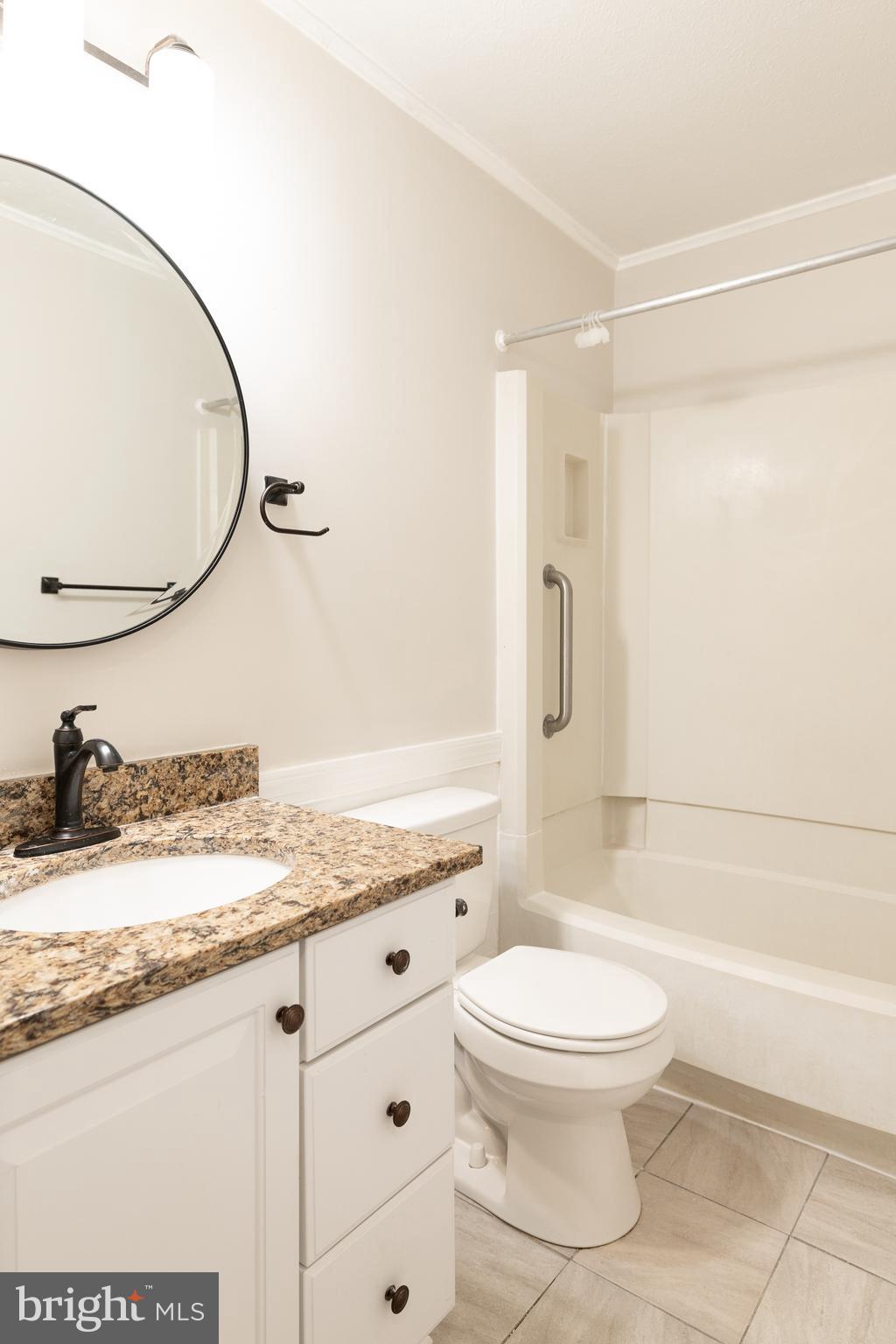 6731 Middle Road Middletown, VA 22645 - Photo 35 of 61 a bathroom with a granite countertop toilet a sink and a mirror